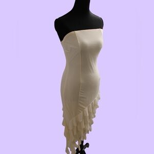 ZESICA Strapless Asymmetrical Ruffle Midi Dress Cream Size Small NWT